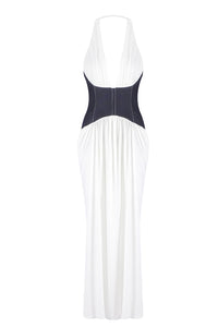Halterneck White and Black Corset Maxi Dress