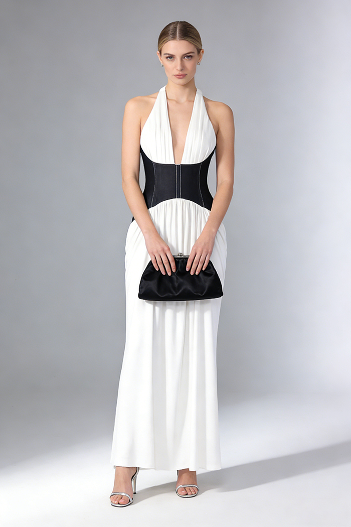 Halter Contrasted Bustier Drappy Gown