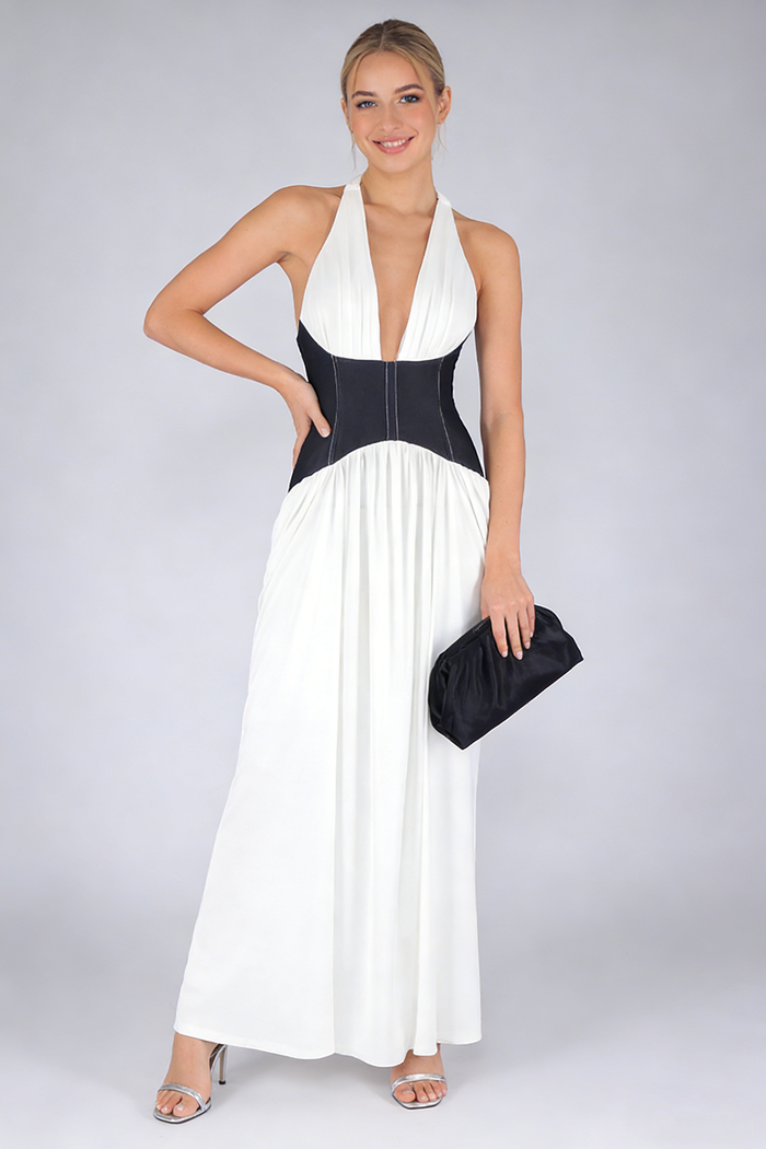 Halterneck White and Black Corset Maxi Dress