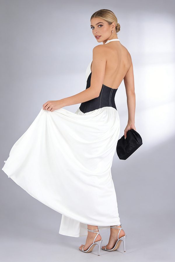 Halter Contrasted Bustier Drappy Gown