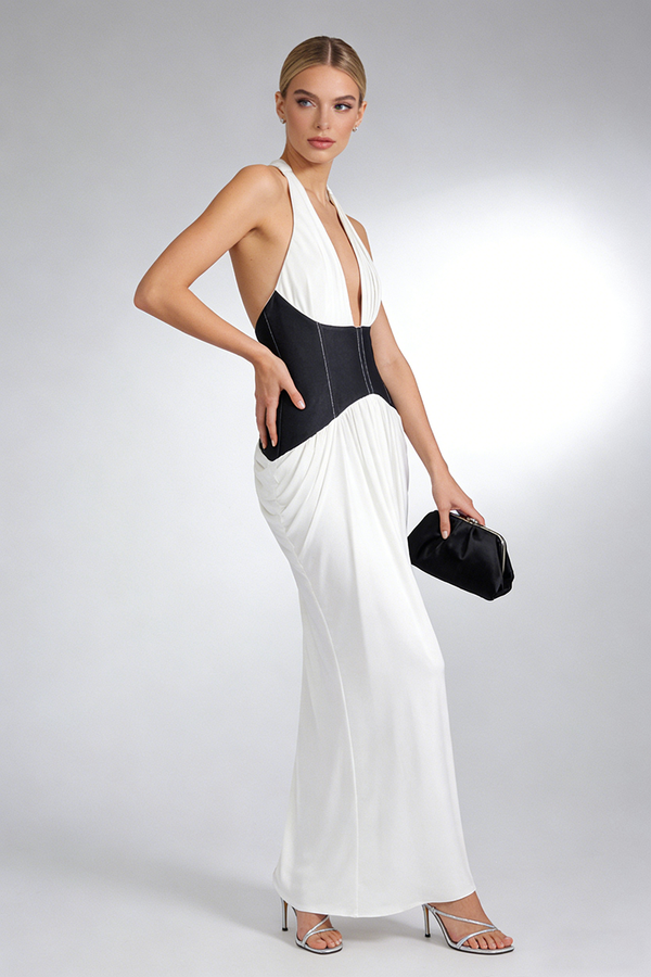 Halterneck White and Black Corset Maxi Dress