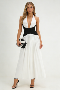 Halter Contrasted Bustier Drappy Gown