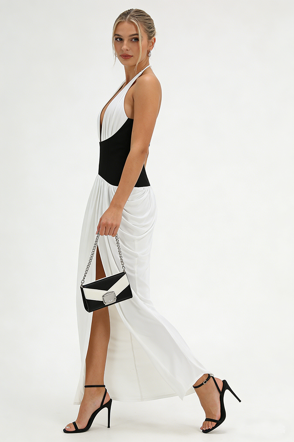 Halterneck White and Black Corset Maxi Dress