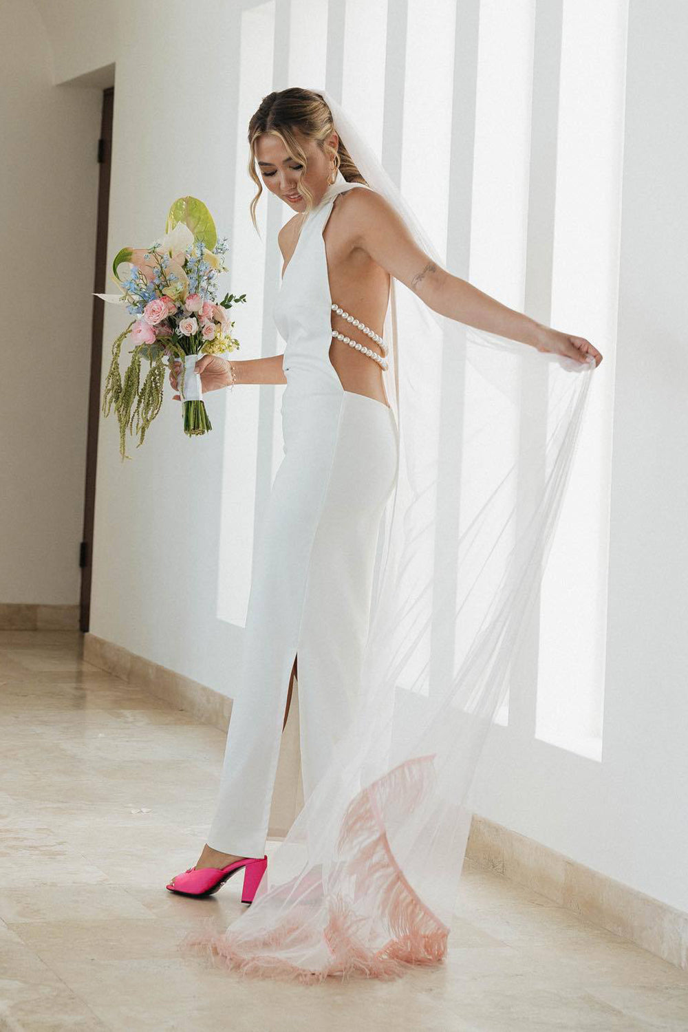 Hanging Neck Backless Pearl Strappy Bridal Dress