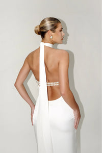 Hanging Neck Backless Pearl Strappy Bridal Dress