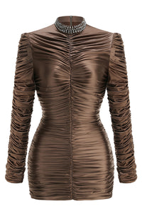 High-Neck Long Sleeve Draped Mini Dress in Brown