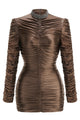 High-Neck Long Sleeve Draped Mini Dress in Brown
