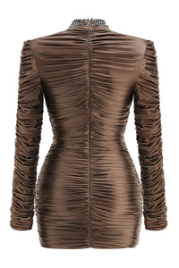 High-Neck Long Sleeve Draped Mini Dress in Brown