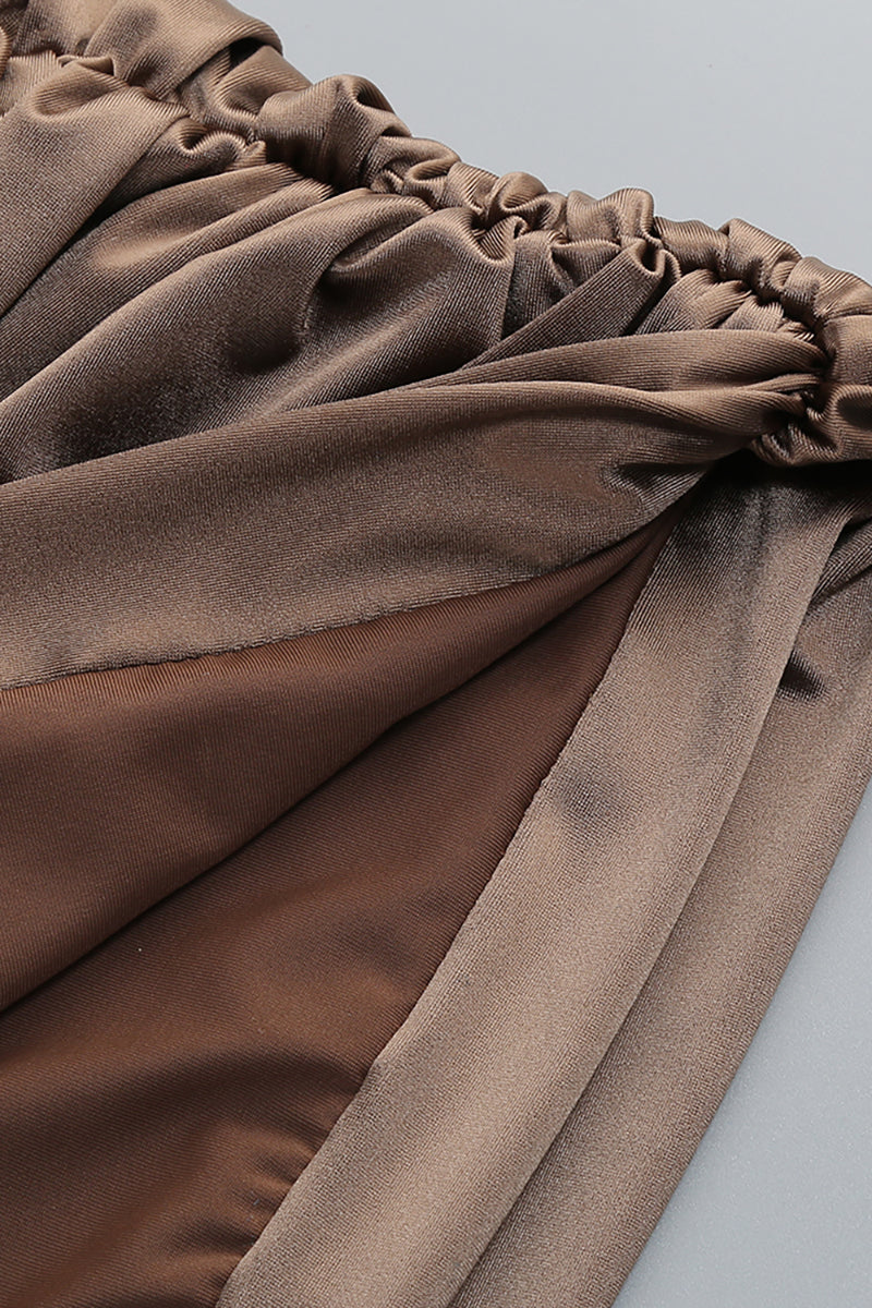 High-Neck Long Sleeve Draped Mini Dress in Brown