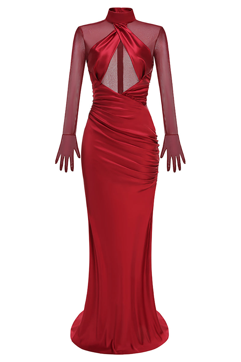High-neck Mesh Fishtail Maxi Dress in Burgundy