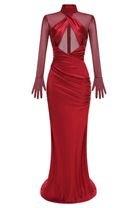 High-neck Mesh Fishtail Maxi Dress in Burgundy