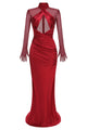 High-neck Mesh Fishtail Maxi Dress in Burgundy