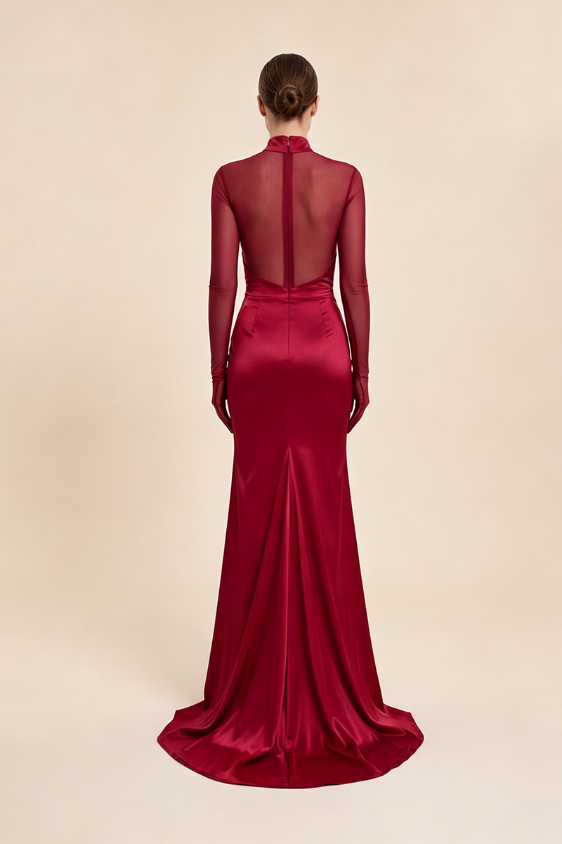 High-neck Mesh Fishtail Maxi Dress in Burgundy