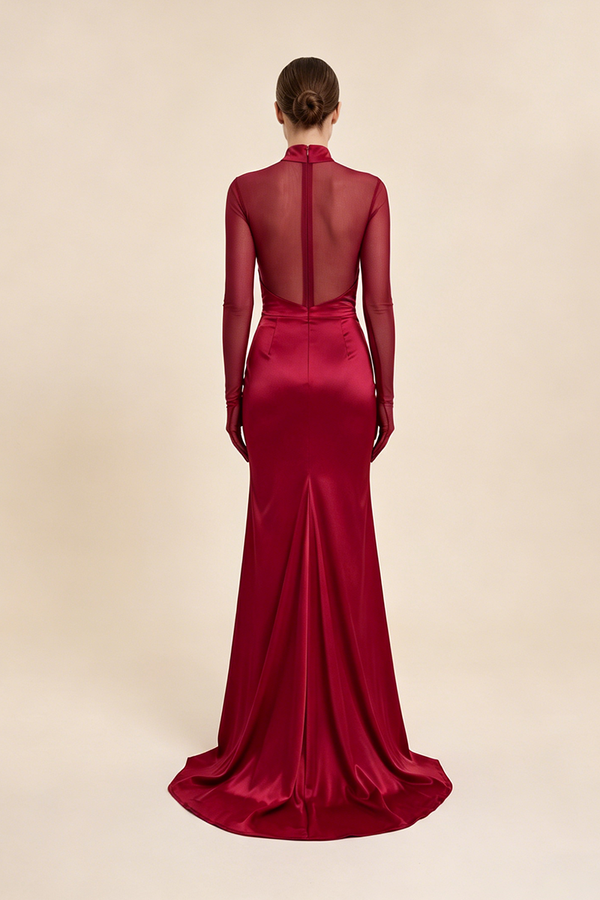 High-neck Mesh Fishtail Maxi Dress in Burgundy