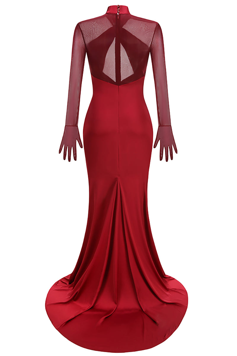 strapless open back dress High-neck Mesh Fishtail Maxi Dress in Burgundy – CHICIDA