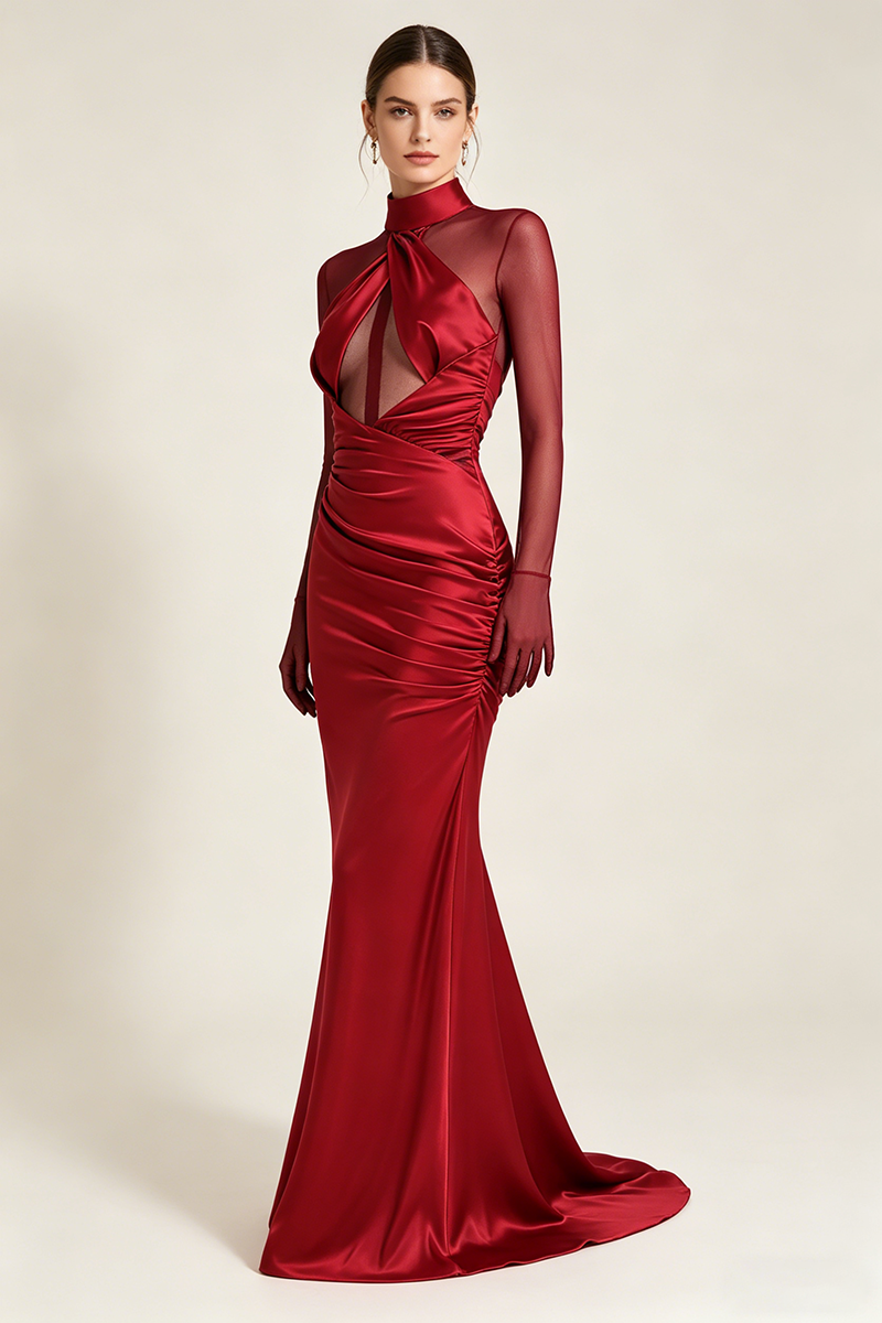 High-neck Mesh Fishtail Maxi Dress in Burgundy