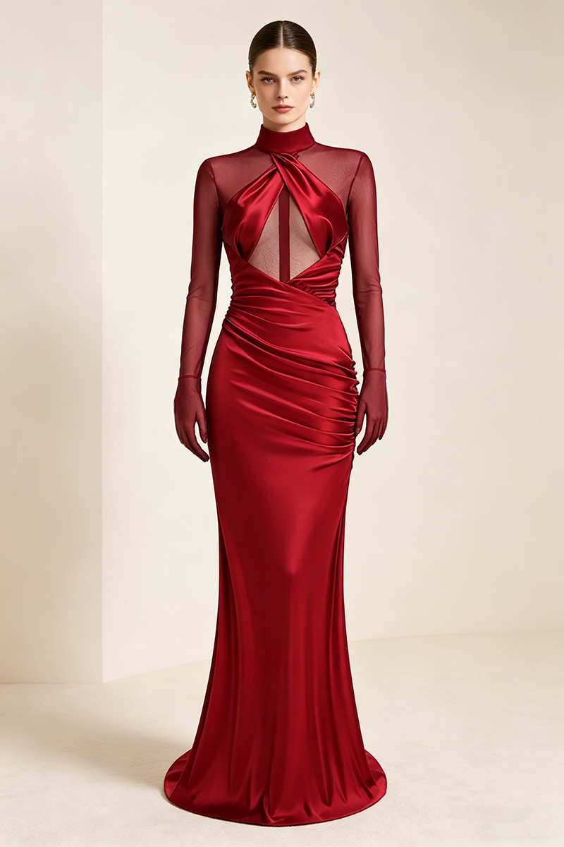 High-neck Mesh Fishtail Maxi Dress in Burgundy