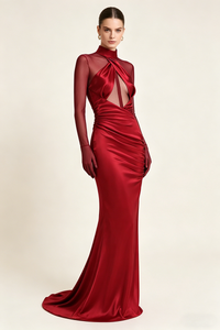 High-neck Mesh Fishtail Maxi Dress in Burgundy