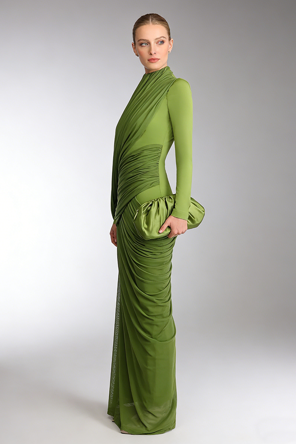 High Neck Asymmetrical Draped Gown