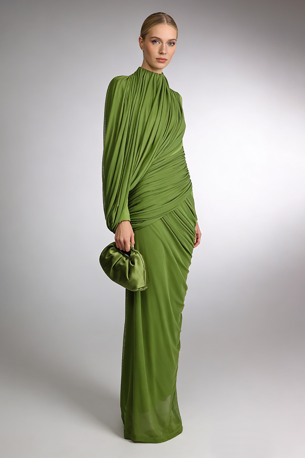 High Neck Asymmetrical Draped Gown