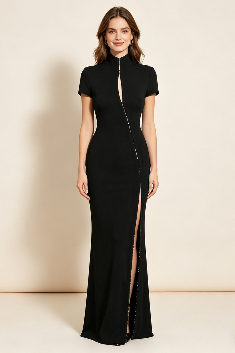 High Thigh Slit Keyhole Maxi Dress in Black
