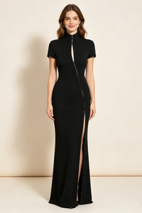 High Thigh Slit Keyhole Maxi Dress in Black