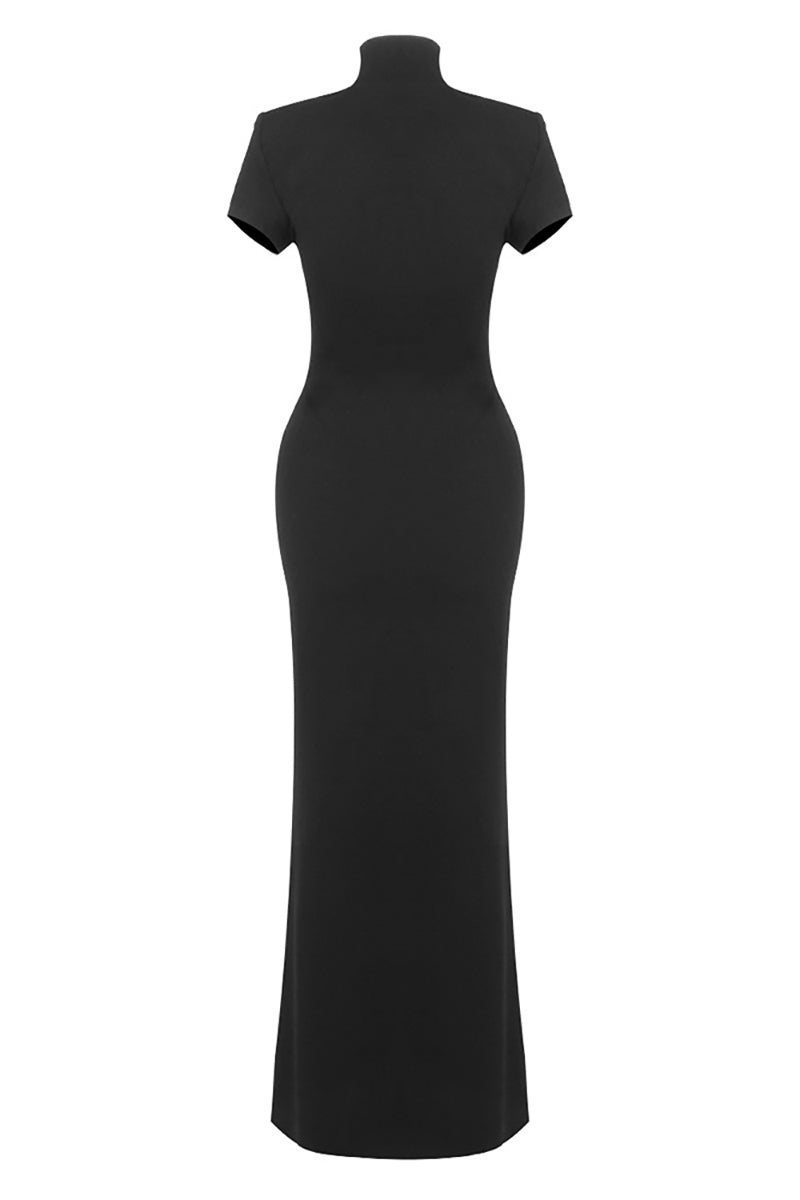 High Thigh Slit Keyhole Maxi Dress in Black