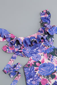 Mini-robe florale ikat violette à volants High Tide
