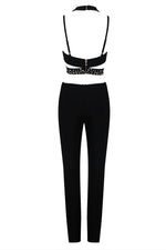 Hollow Out Slim Fit Rhinestone Jumpsuit In Black