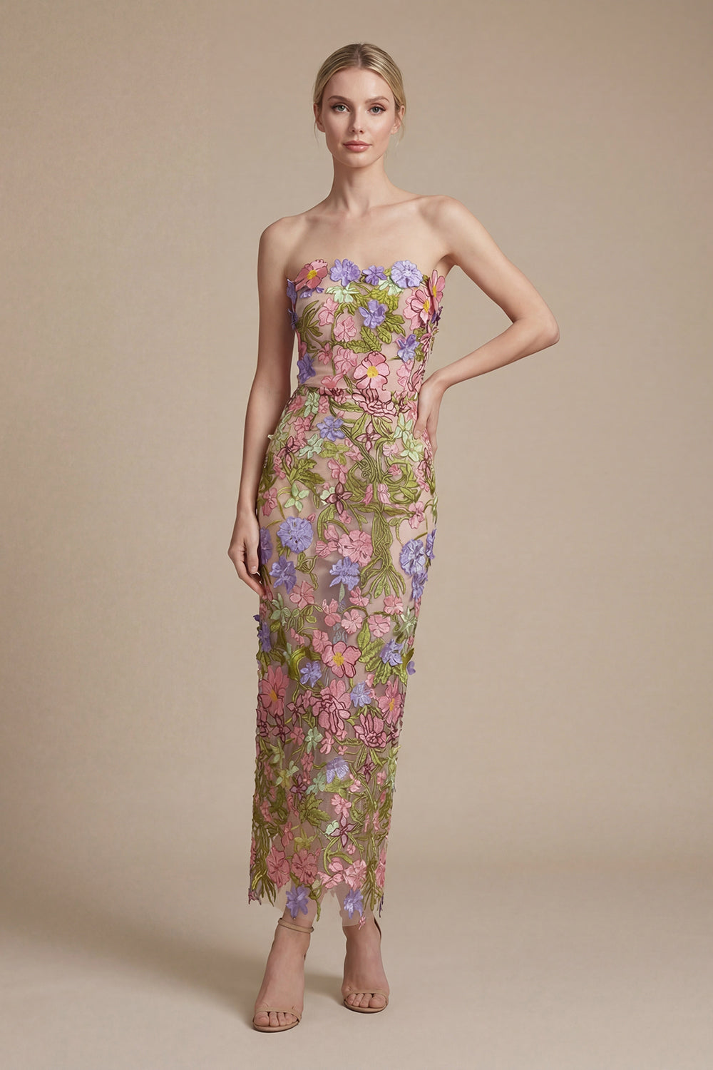 Iris Floral Strapless Ankle Dress in Pink Purple Multi