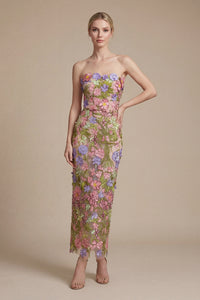 Iris Floral Strapless Ankle Dress in Pink Purple Multi