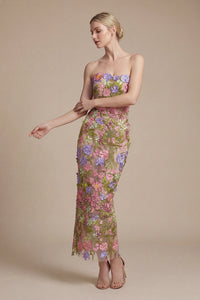 Iris Floral Strapless Ankle Dress in Pink Purple Multi