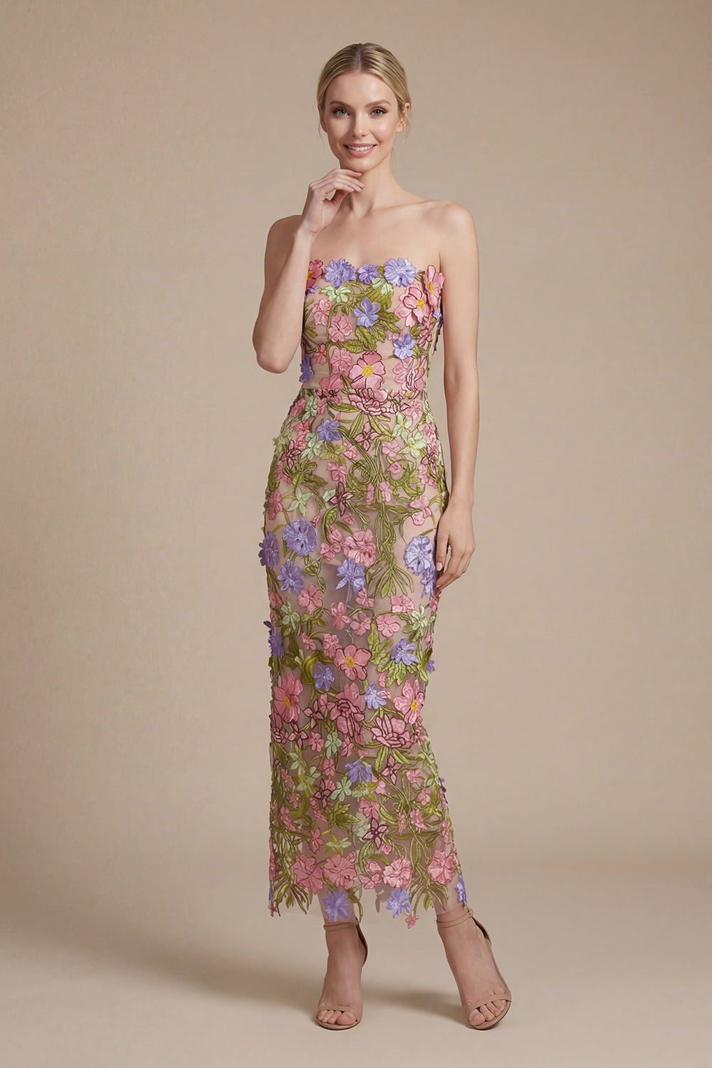 Iris Floral Strapless Ankle Dress in Pink Purple Multi