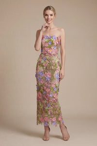 Iris Floral Strapless Ankle Dress in Pink Purple Multi