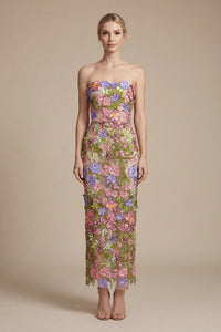 Iris Floral Strapless Ankle Dress in Pink Purple Multi