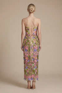Iris Floral Strapless Ankle Dress in Pink Purple Multi