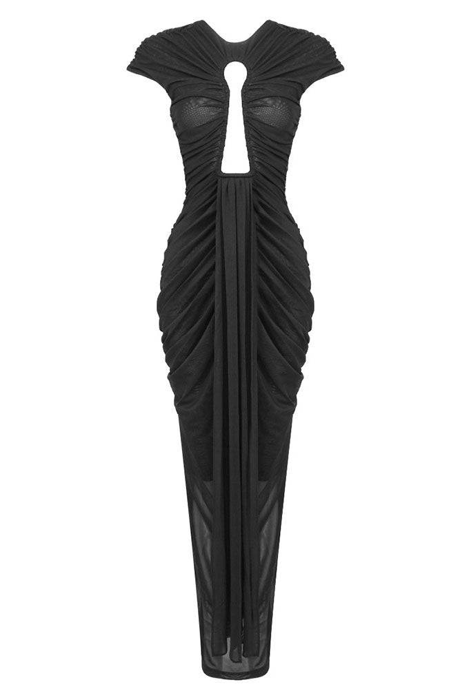 Petite robe longue en maille noire à trou de serrure