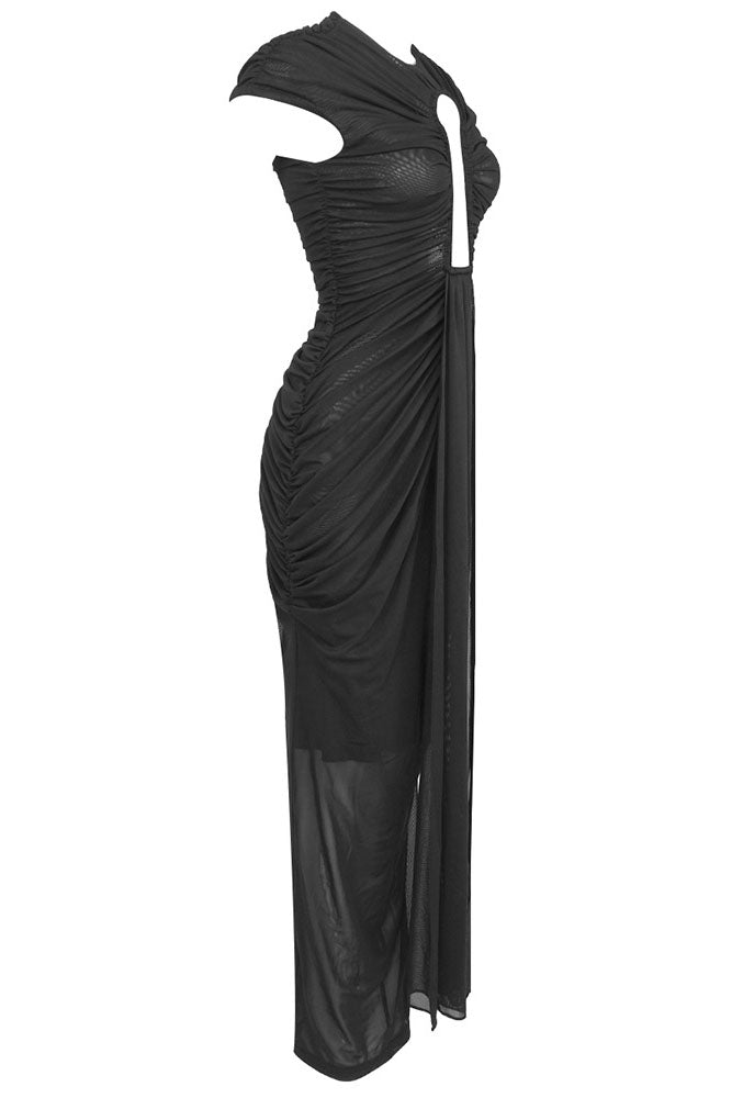 Keyhole Little Black Mesh Maxi Dress