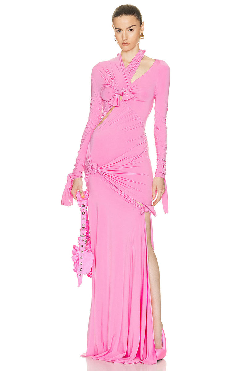 Knotted Cutout Maxi Slits Gown in Pink