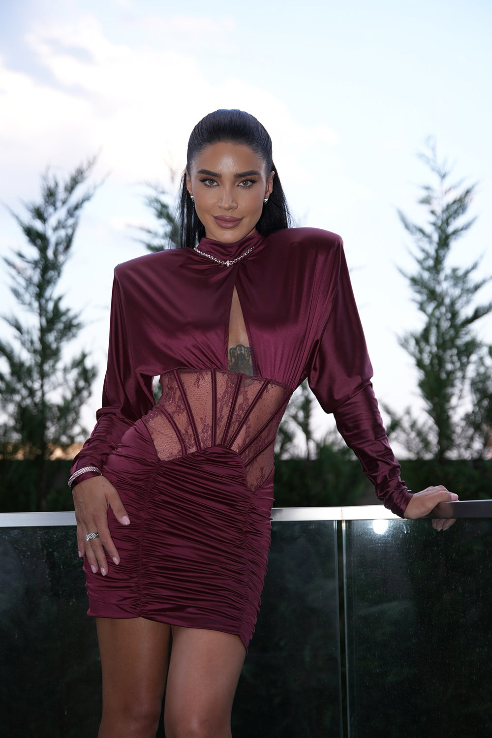 Lace-panel Gathered Mini Dress