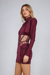 Lace-panel Gathered Mini Dress