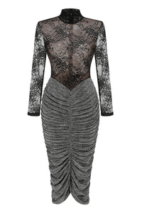 Lace Crystal Embellished Draped Dress In Black