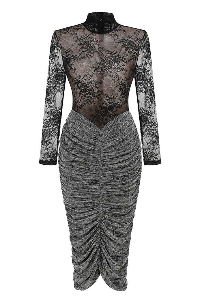 Lace Crystal Embellished Draped Dress In Black