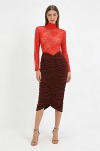 Lace Crystal Embellished Draped Dress In Red