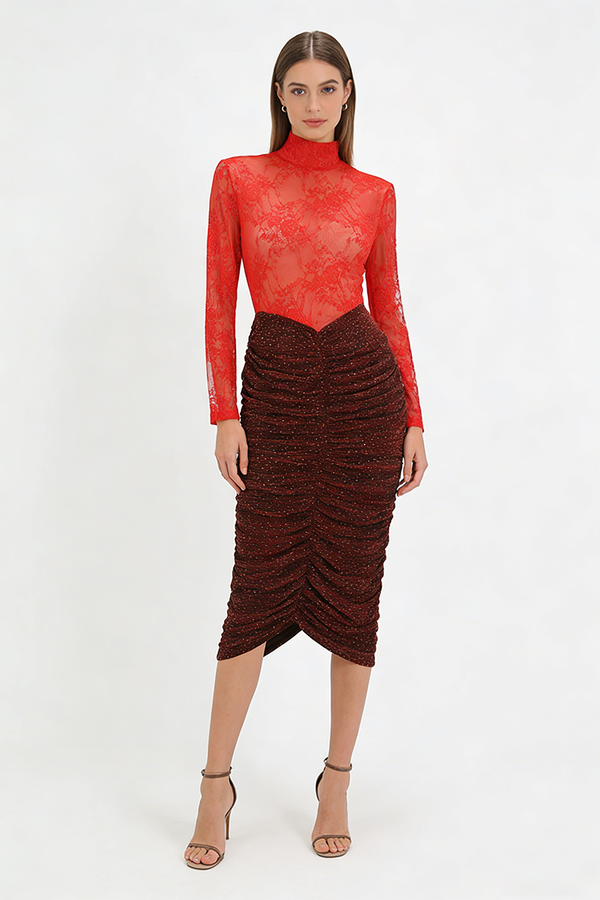 Lace Crystal Embellished Draped Dress In Red