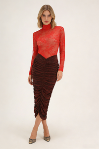 Lace Crystal Embellished Draped Dress In Red