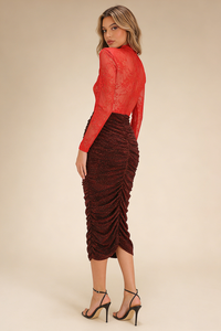 Lace Crystal Embellished Draped Dress In Red