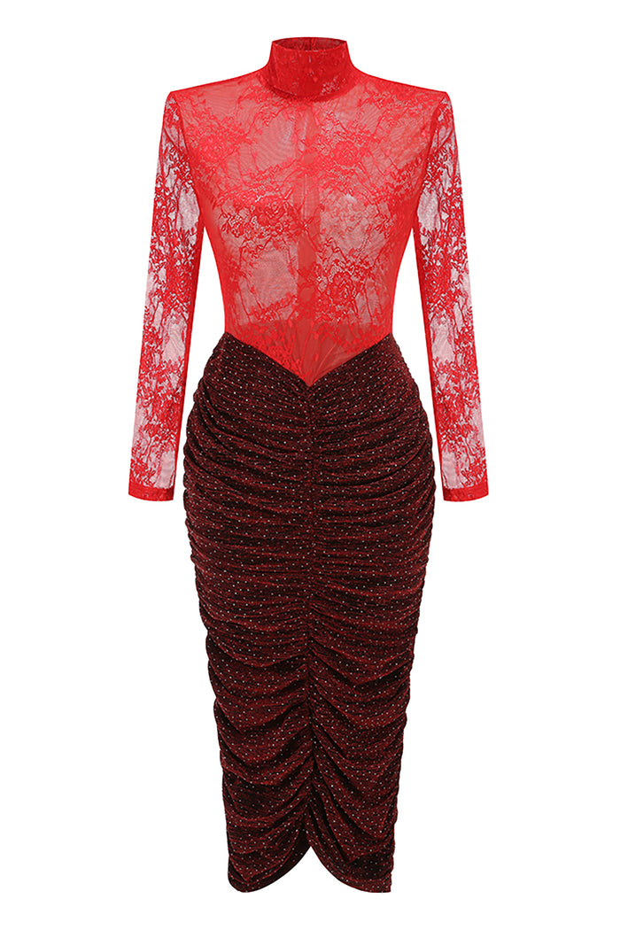 Lace Crystal Embellished Draped Dress In Red