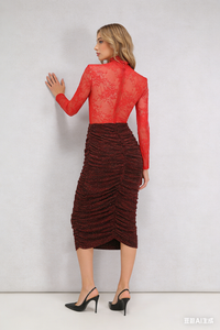 Lace Crystal Embellished Draped Dress In Red