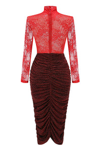 Lace Crystal Embellished Draped Dress In Red